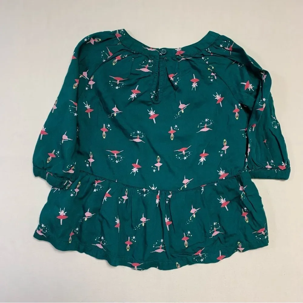 🆕 Ballerina Shirt Girl’s 5T Green Blouse Dancing Tutu Pattern Peplum Ruffle Hem